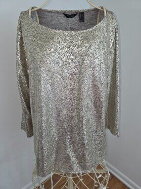 Attitudes by Renee Gold Shimmer Top Blouse Metallic Tunic L NWT 3/4 Sleeve